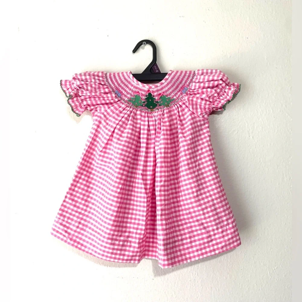 Southern Sunshine Pink Gingham Smocked‎ Holiday Dress Size 9M EUC